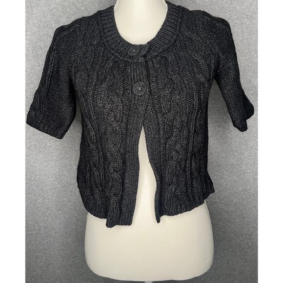 American Eagle women charcoal grey crop 3/4sleeve cable knit cardigan sweater M - Picture 1 of 7